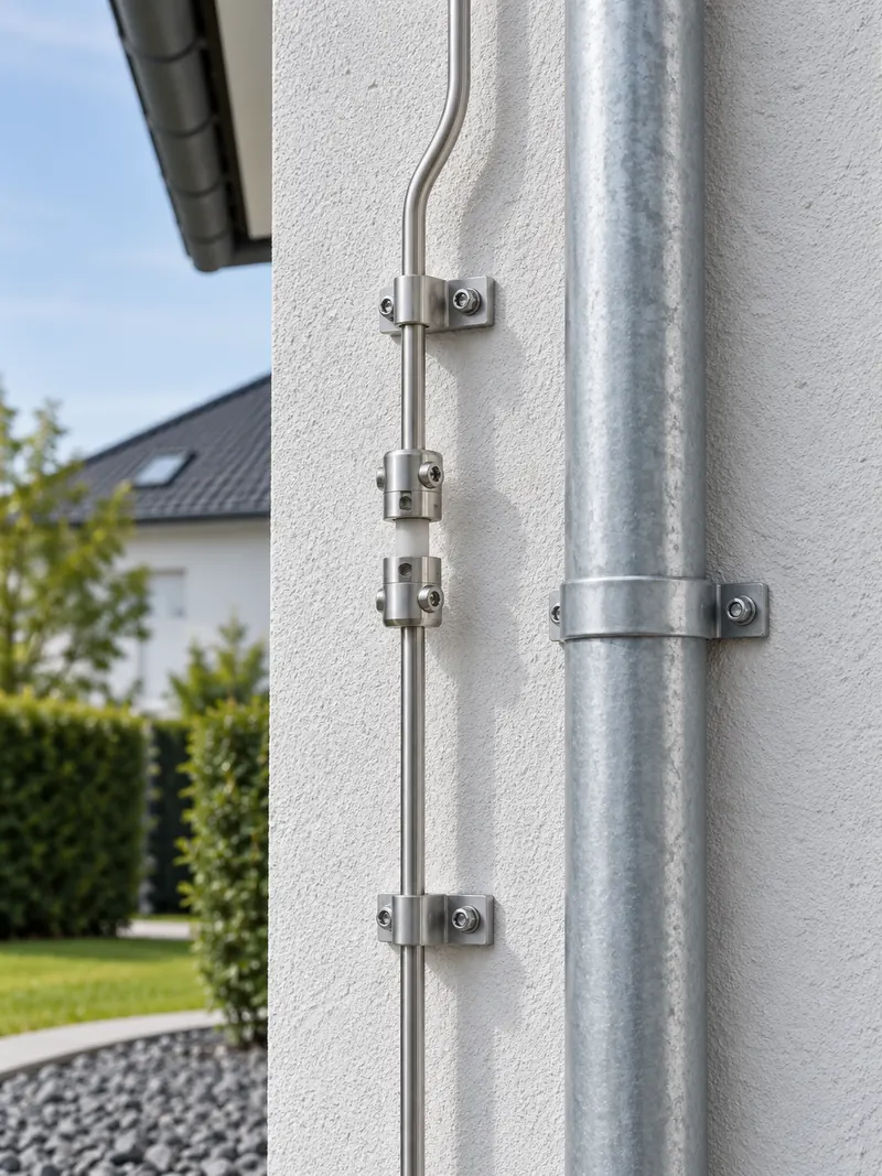 Ableitung eines Blitzschutzes mit Halterungen an einer hellen Hauswand neben dem Fallrohr