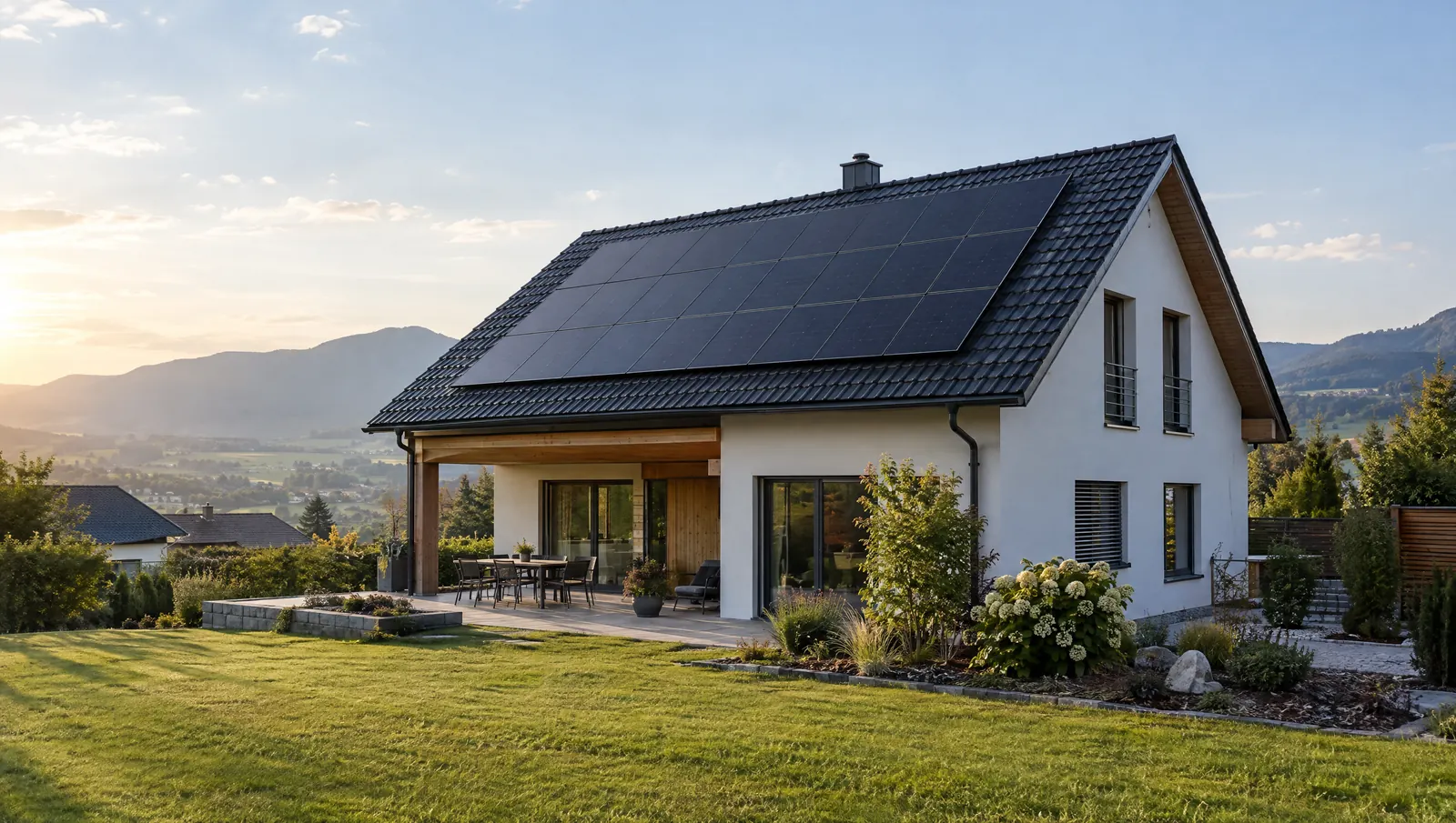 Einfamilienhaus mit Photovoltaik-Modulen auf dem Satteldach