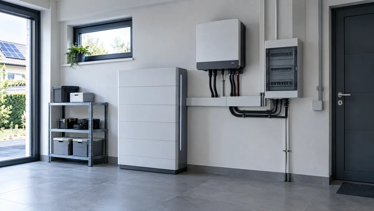 Technikraum mit Wechselrichter, Stromspeicher und Verteilerkasten an einer Wand